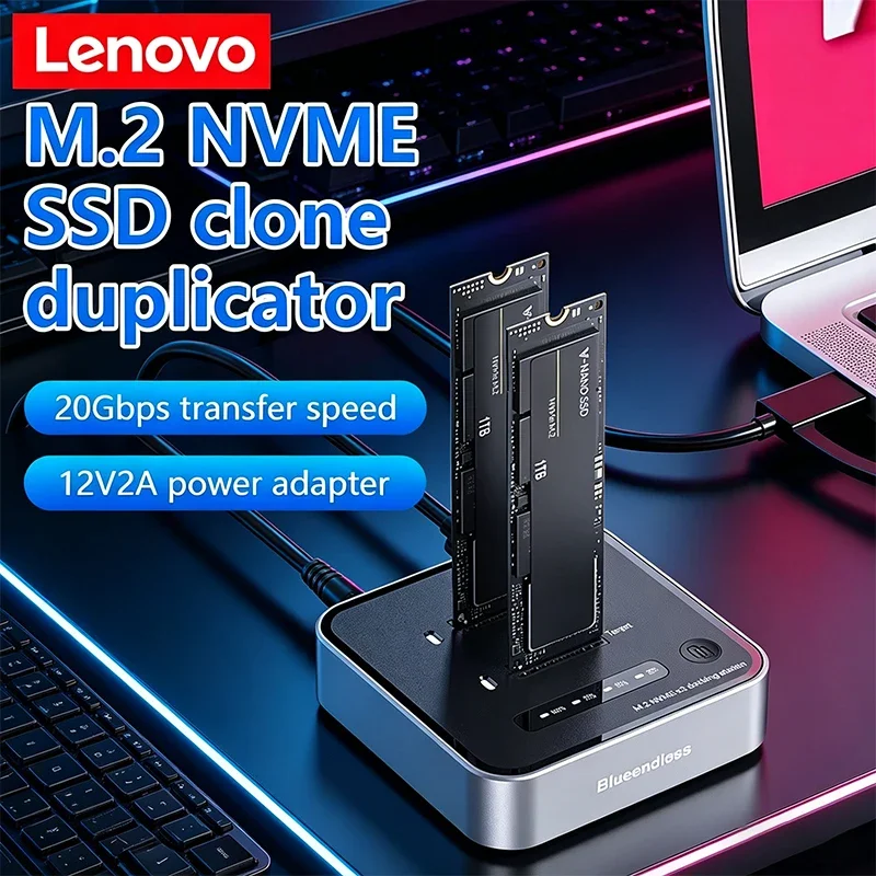 

Lenovo Dual-Bay M.2 NVME SSD Clone M.2 NVme SSD Reader 20Gbps USB3.2 Type C OFFline Clone Duplicator NVme PCIE Enclosure