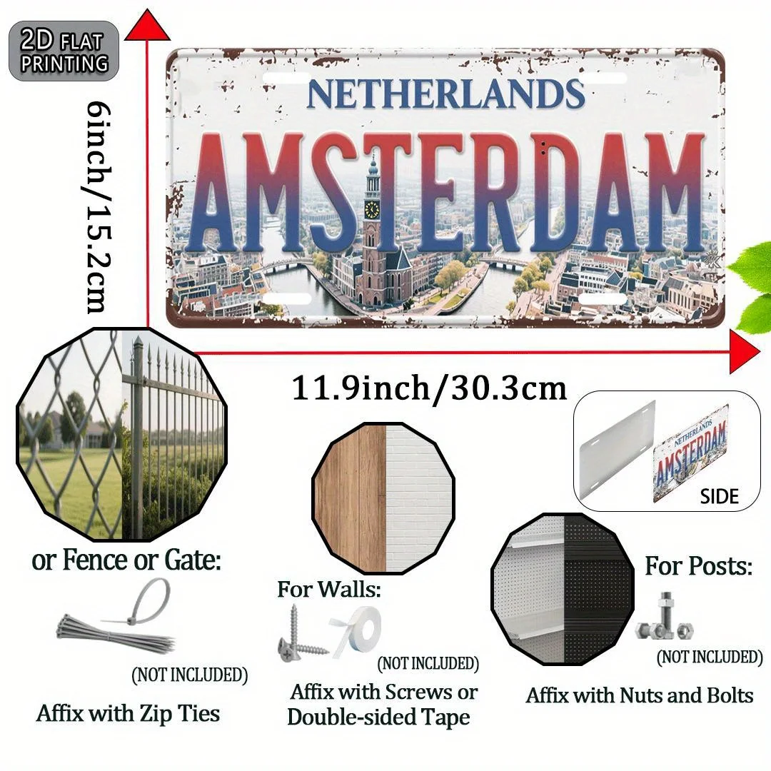 Amsterdam Netherlands City Canal Skyline Themed Aluminum Metal Sign 2D Flat Printing Distressed Vintage License Plate Style Wall
