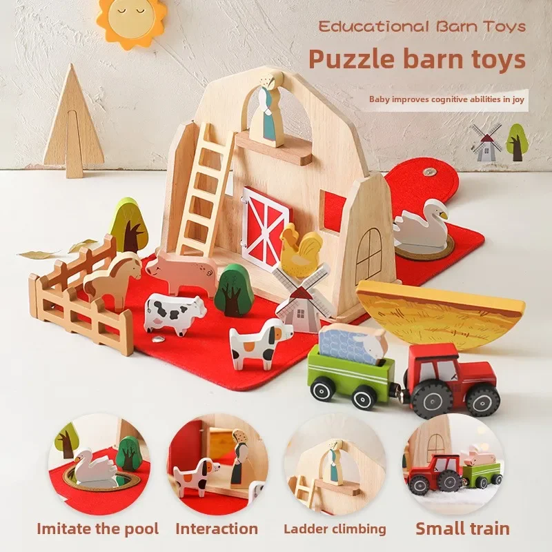 Puzzle Thiy House Wooden Farm Building Blocks Dollhouse Miniature Furniture  Accessories Montessori Board Games Girls Toy Gift