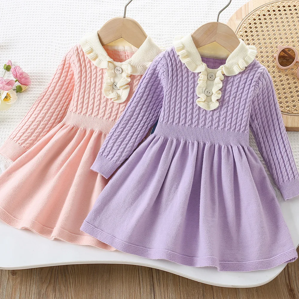 

Girls Knitted Sweater Dress 2025 Autumn Winter New Korean Solid Color Baby Girl's Dress Twist Knitted Princess Dresses