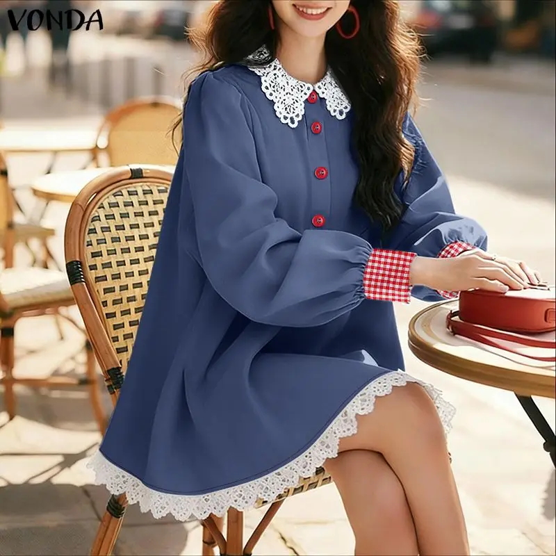 Plus Size 5XL VONDA Elegant Long Sleeve Mini Dresses Women Fashion Patchwork Plaid Sundress Summer Lace Office Short Vestidos