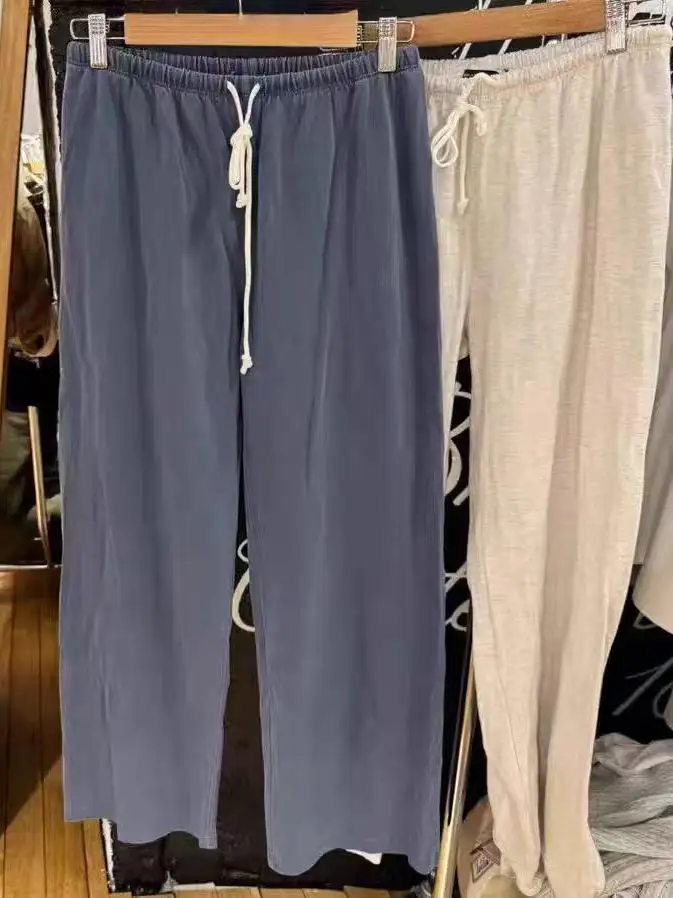 بنطلون نسائي واسع الساق بخصر مرتفع على الطراز الأمريكي، مصنوع من القطن الخالص مع حزام، تصميم فضفاض ومريح من براندي بي إم