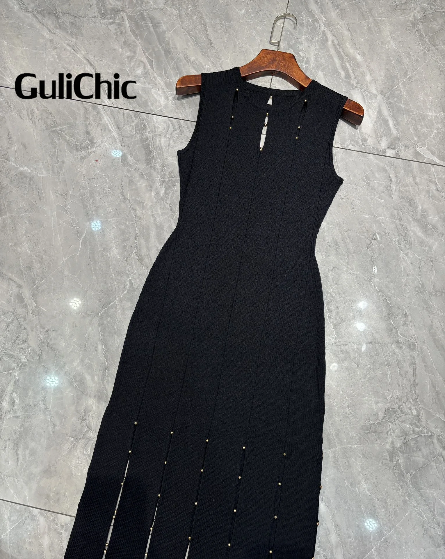 1.25 GuliChic Sexy Hollow Fringe Solid Color Long Dress 2024 Spring and Summer Women O-Neck Sleeveless Stretch Knit Long Dress