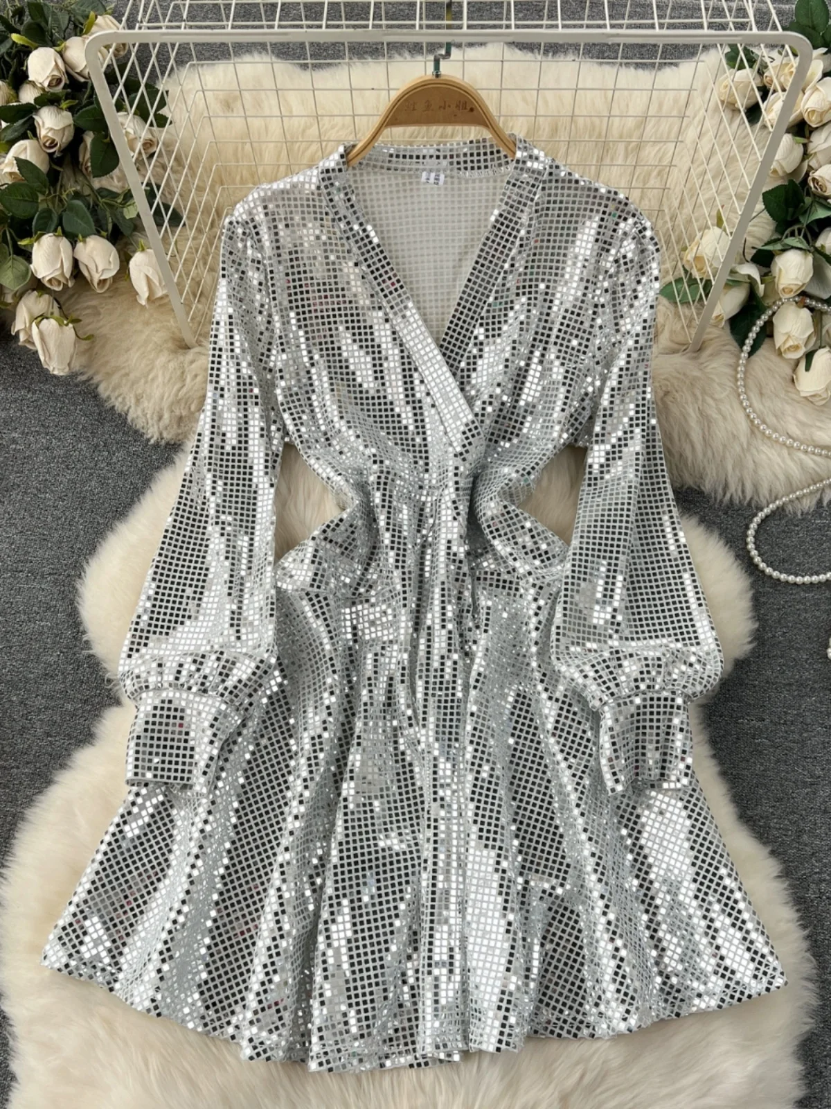 Litmage Women European Shirt Dress New Spring Clothing Niche Sequin Laser Glossy High-End Mini Length Sexy Club Vestidos DS002