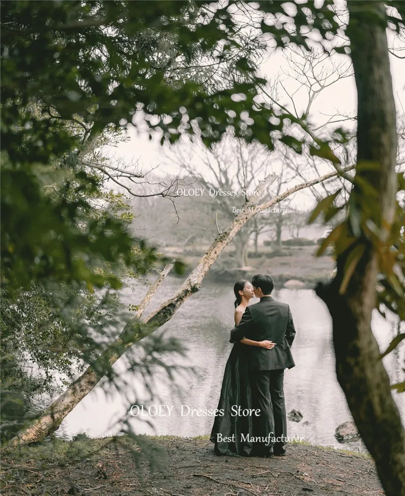 OLOEY Simple Black taffetà abiti da sera corea Lady Wedding Photo Shoot senza spalline lunghezza del pavimento abiti da ballo su misura