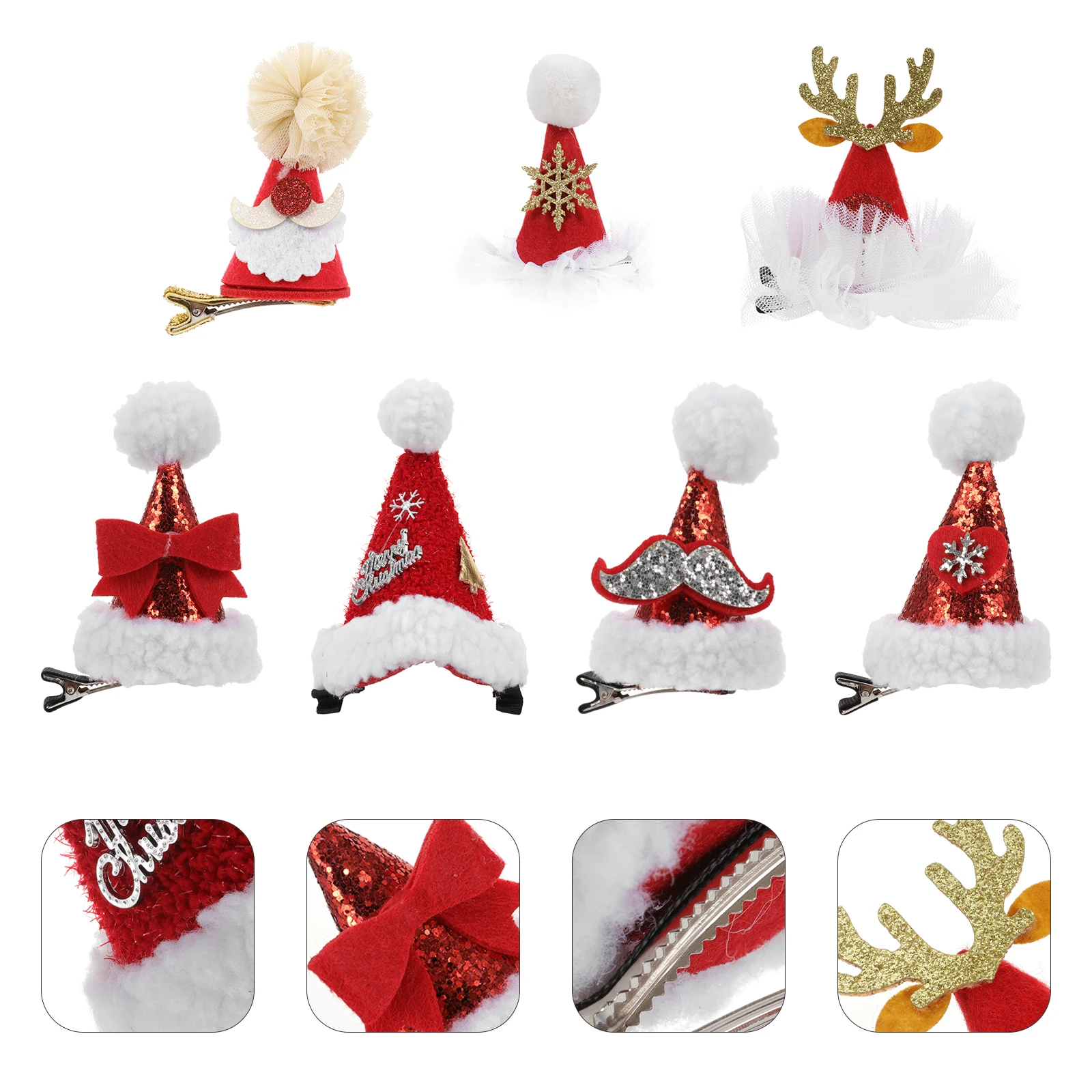 

7pcs Christmas Hat Hairpin Flannel Alloy Holiday Clips Gifts Xmas Headpiece Barrettes Cartoon Bright Colors