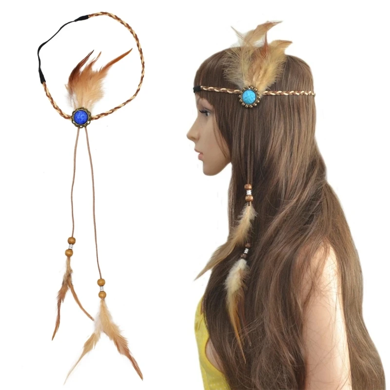 Diademas de plumas bohemias, tocado Nativo Americano, tocado indio, tocado de plumas, joyería Hippie DXAA