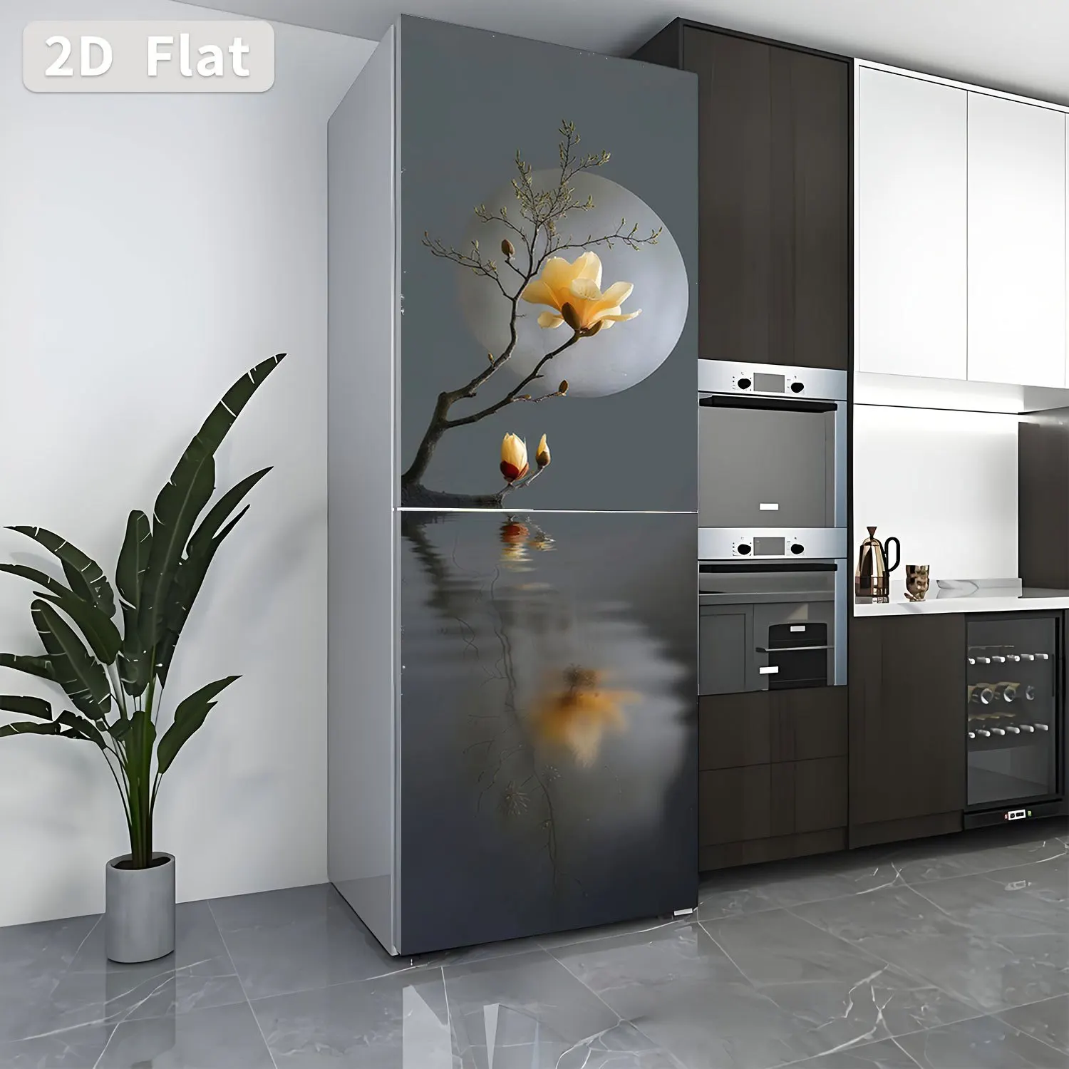 1pc of Refrigerator Sticker, , Featuring a Serene Scene Design of Magnolia And Moonlight. Self-Adhesive Wall Decoration Suitab
