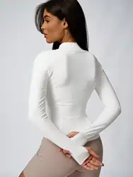 Women's Solid Color Zipper Turtleneck Sports Jacket, Long-Sleeved Sports Top, Gym Wear, Ladies' Sportswear for Indoor and Outdoo
