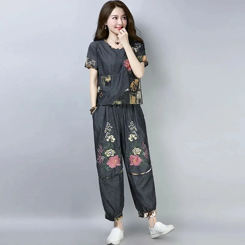 Mid Aged Elderly Ethnic Style Large Size Women\'s Set Summer New Thin Retro Loose Embroidered Short Sleeved Casual Two-Piece Set