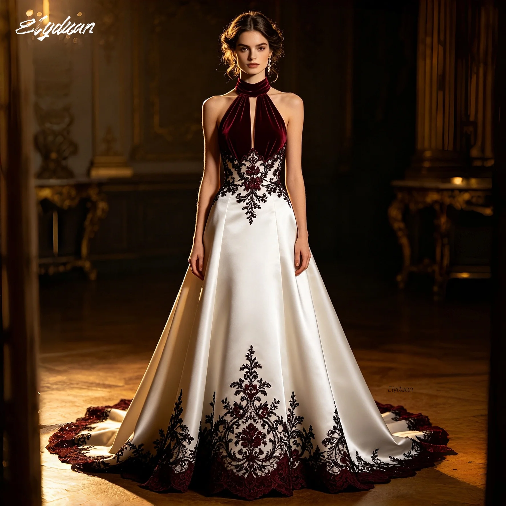Gotisches Hochzeitskleid aus Samt mit Neckholder, weißem Satin, A-Linie, Brautkleid in Schwarz-Burgunderrot mit Stickerei, Spitzenapplikationen und Hofschleppe, individuell anpassbar