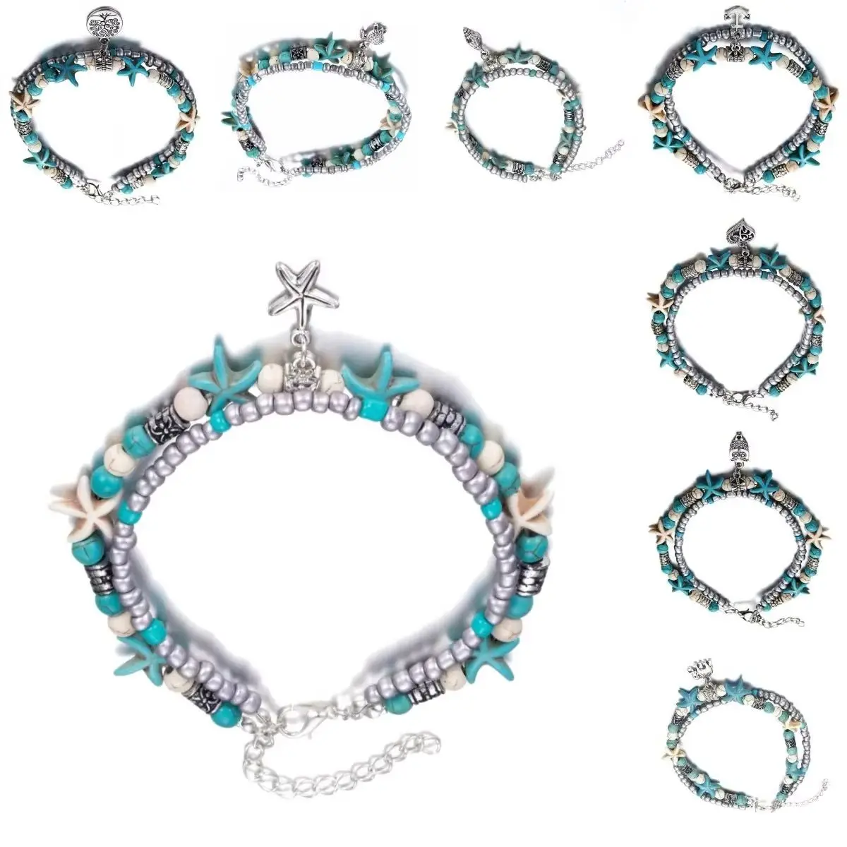 2026 Vintage Turquoise Starfish & Turtle Foot Beaded Hollow Double Anklet Beach Layer Women's Fashion Accessory Valentine's Gift