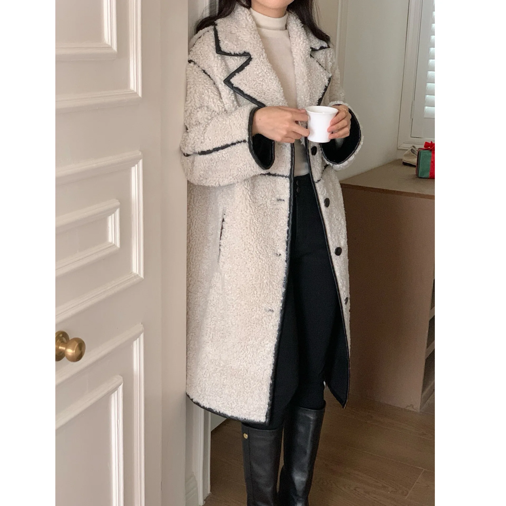 

Корейская короткая куртка Ele Color Blo из овечьей шерсти для женщин, без воротника, из полиэстера