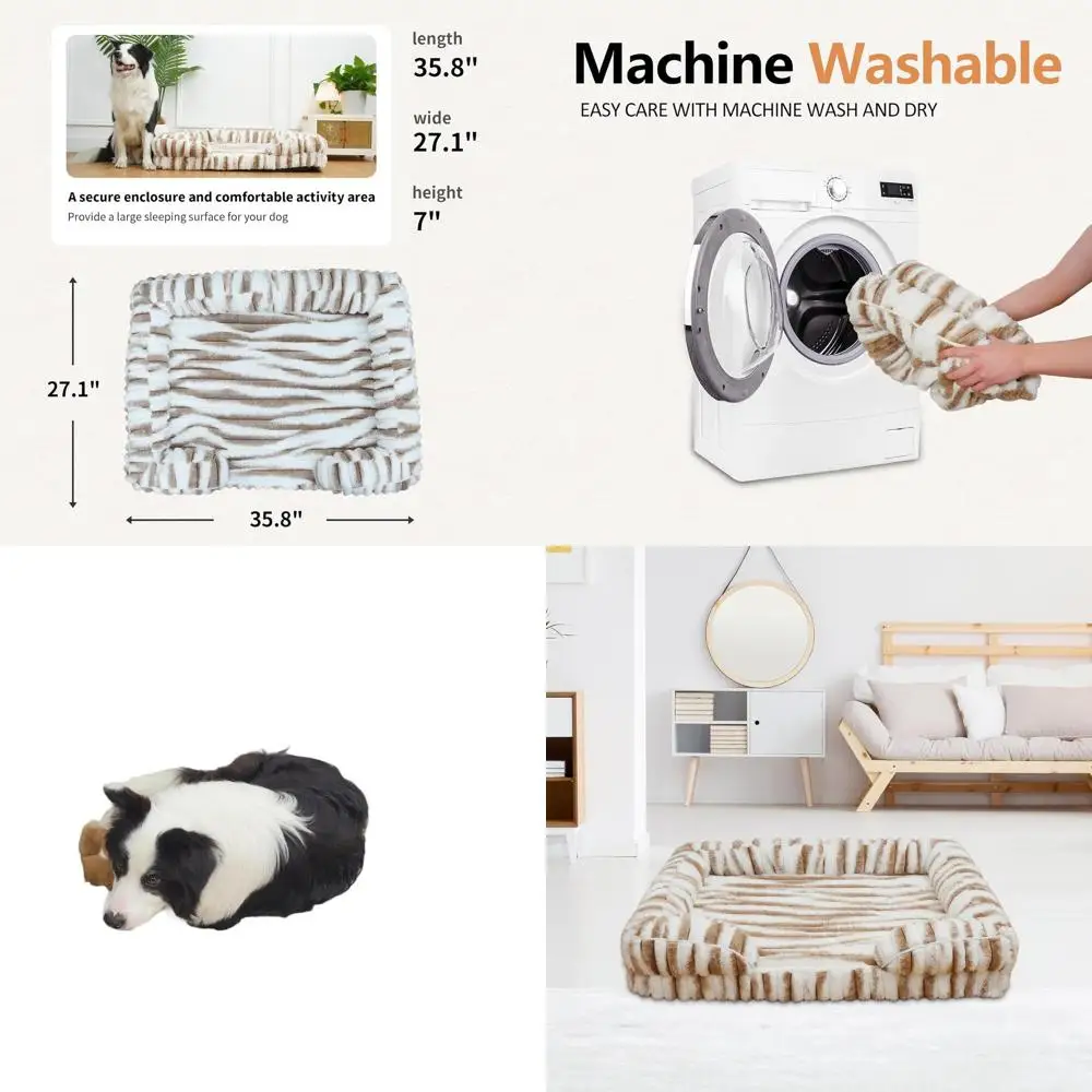 

Большая плюшевая нескользящая лежанка для собак размера XL со съемным моющимся чехлом, пеной Egg-Crate, цвет хаки с тигровыми полосами