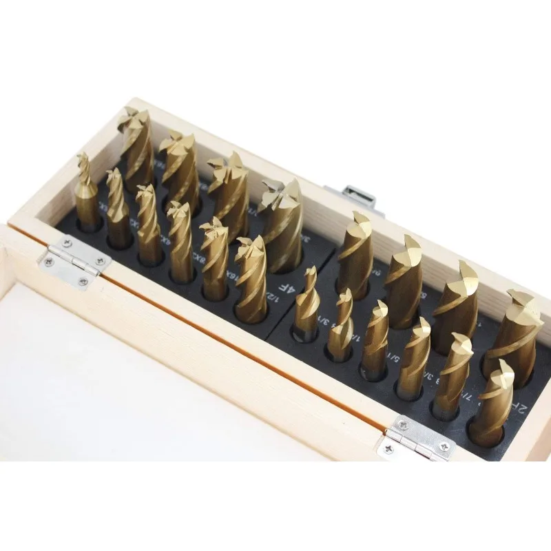 20 Pc Hss Tin Coated End Mill Set, 2 Flute and 4 Flute, Cutting Diameter from 3/16'' up to 3/4'', 1810-0100