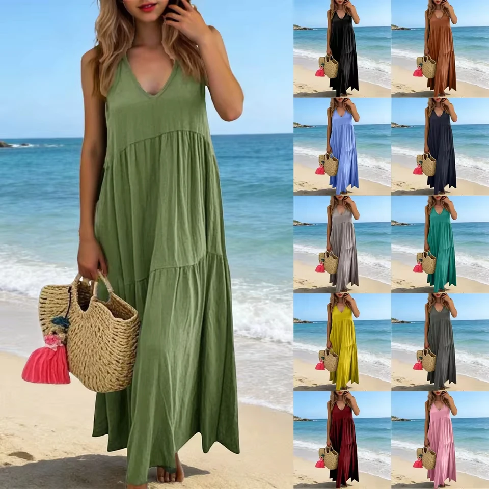 Women Fashion Sexy Backless Sling Dress Comfortable Cotton Retro Elegant V Neck Party Club Dress Boho Dress