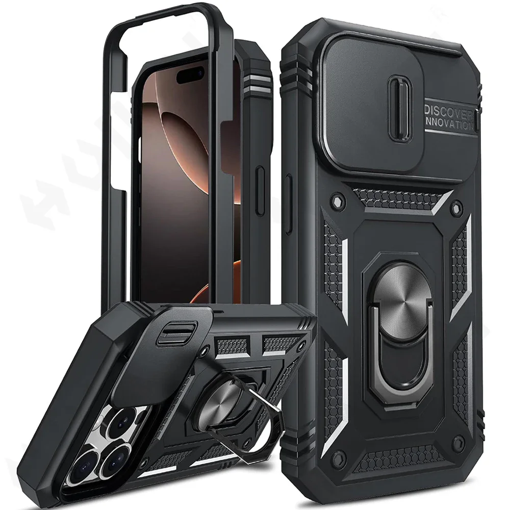 Case For iPhone 16 15 14 13 12 11 Pro XS Max XR Plus Camera Slide Military Grade Armor Protection 360 Degree Rotate Armor Cover