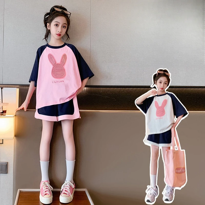 

Summer Girls Cotton Loose Contrast Cartoon T-Shirt Tops+Shorts Pant School Kids Tracksuit Child 2PCS Outfit Workout Set 5-16 Yr