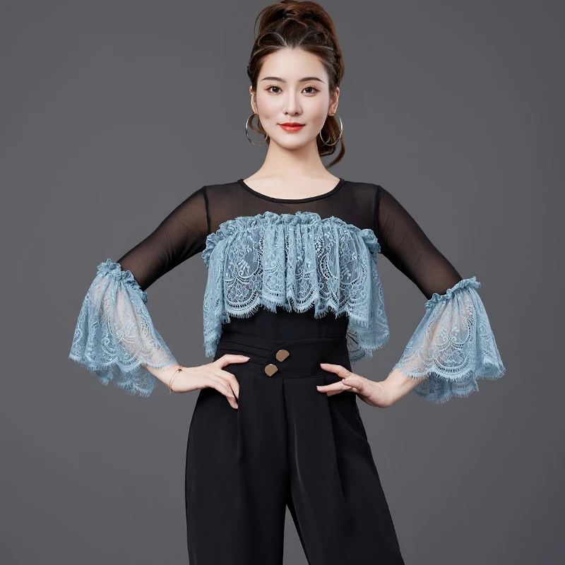 

New Ballroom Dance Mesh Tops Practice Clothes Women Waltz Modern Dance Clothing Adult Dancing Bodysuit Lace Mid Sleeves XH3027