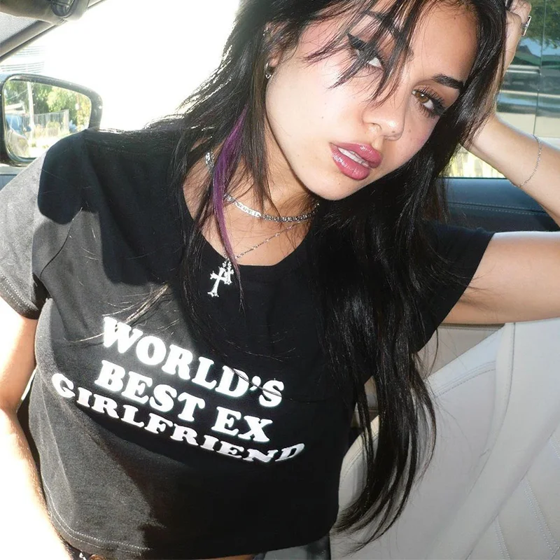 

Футболка 2000-х Y2K World's Best Ex Girlfriend, забавная модная футболка с буквенным принтом, укороченные топы для горячих девушек, эстетичная тонкая детская футболка с короткими рукавами