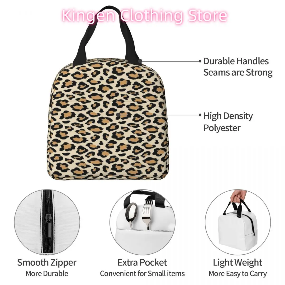 Leopard Print Insulated Lunch Bag Portable Cheetah Animal Cool Black Brown Cats Beige Lunch Container Cooler Bag Tote Lunch Box