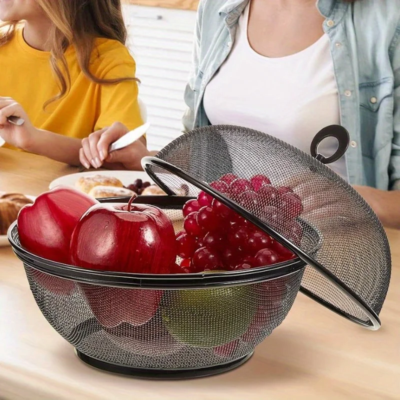 

Large Capacity Mesh Fruit Basket With Lid Food Grade Prevent Fly Kitchen Drain Basket Vegetables Kitchen Storage Baskets