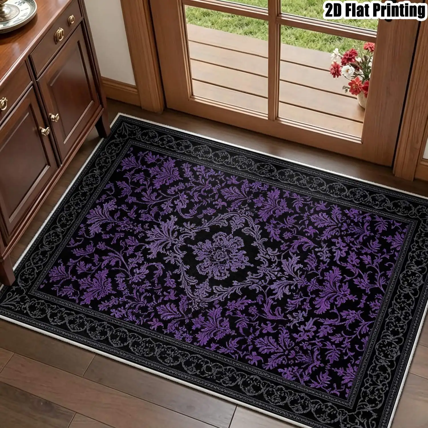 1Pc 2D Printed Purple Floral Carpet, Vintage/European/Bohemian Style, Multi-Size Machine Washable Home Decor for Entryway, Dining Room, Bedroom, Living Room