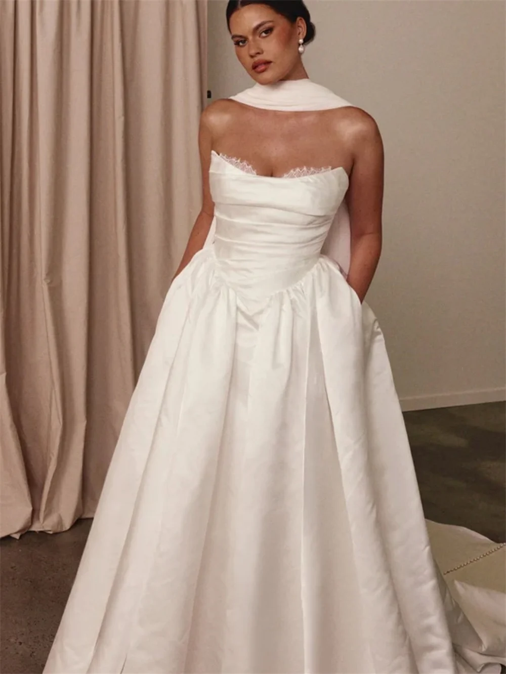 Tokyo Strapless Tube Ruched Pleated A Line Gown Shiny Satin Corset Bodice Civil Wedding Lace Trimmed Formal Evening Gala 2026