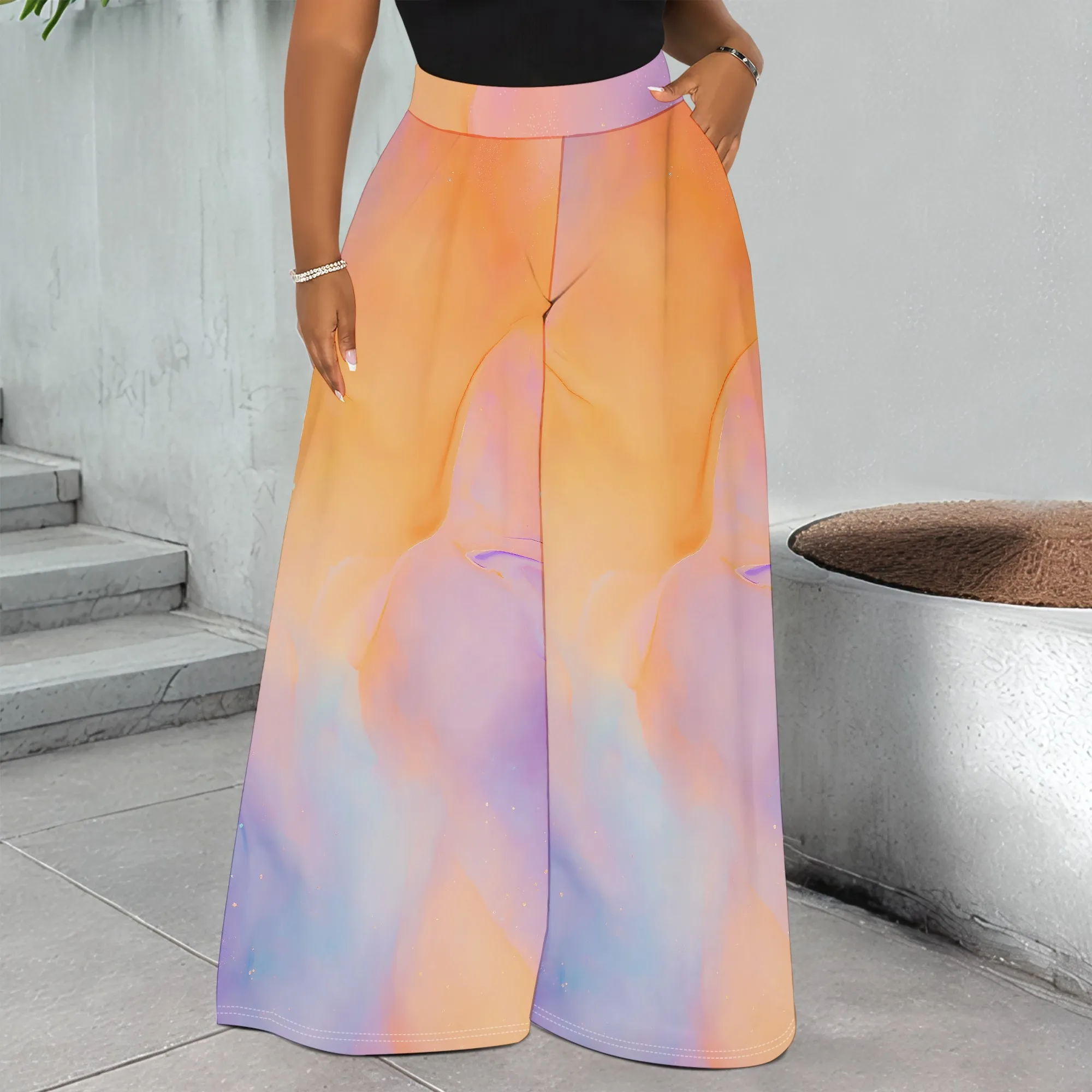Gradient Print Wide Leg Pants, Soft Pocket Trousers, Casual Palazzo Style, High Waist Fit for Women Daily Wear S-3XL