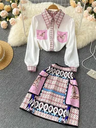 Runway Two Pieces Sets Women Clothing Horse Geomery Pattern White Tops and A-Line Pockets Short Skirt 2 Piece Set Party Outfits