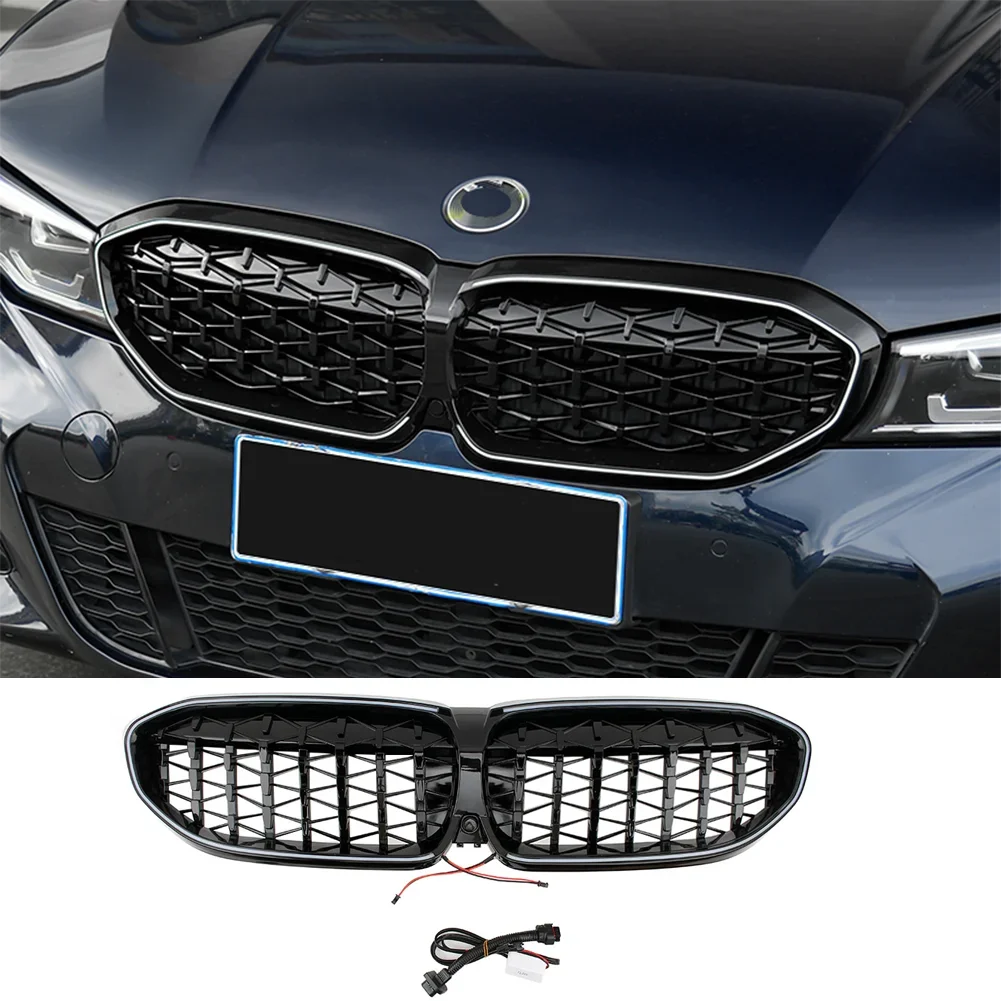 Diamond Front Racing Upper Radiator LED Grills For BMW G20 G28 3 Series 320i 325i 330i M340i 325Li xDrive M LCI Grille 2019-2022