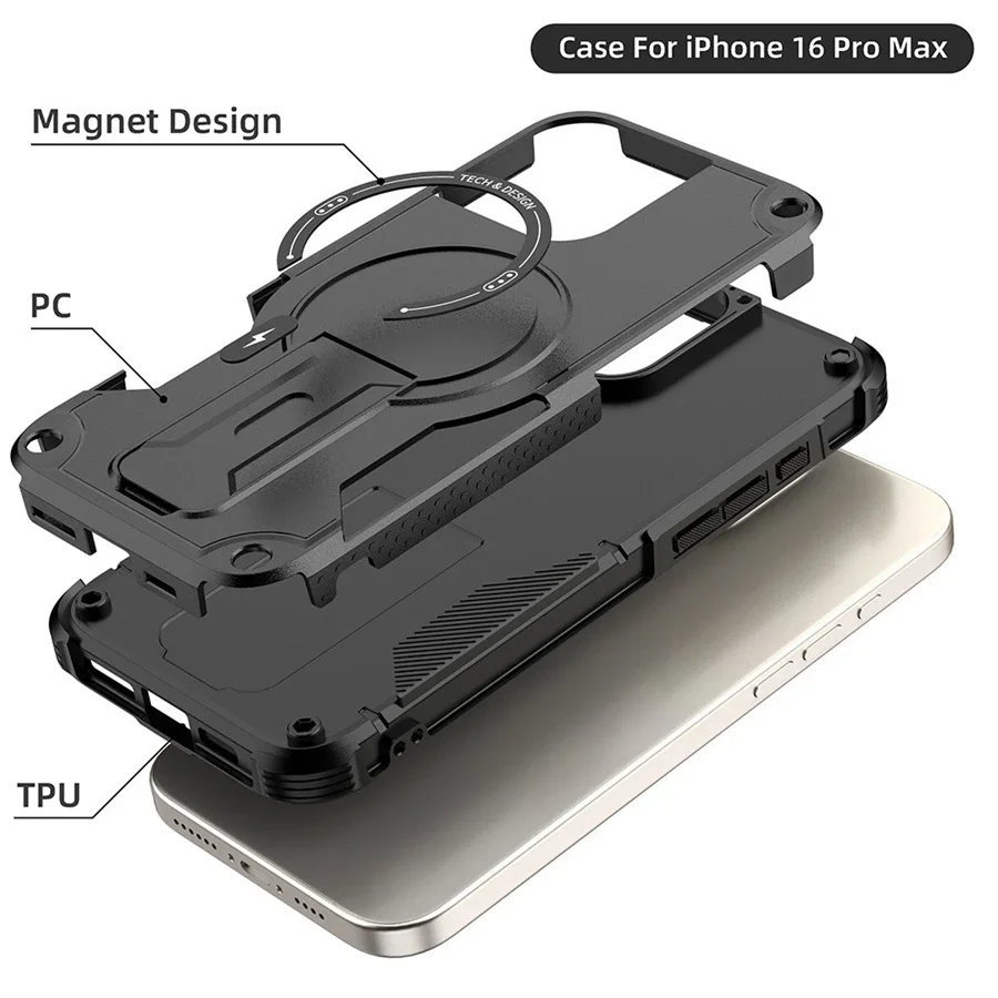 아이폰용 헤비 듀티 아머 케이스, 강력한 마그네틱 무선 충전 휴대폰 커버, 맥세이프용 브래킷, 16 프로 맥스, 15, 14, 13, 12, 11