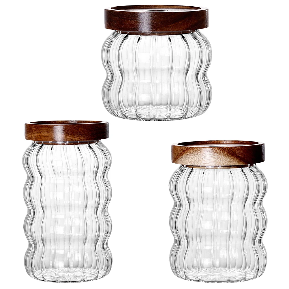 

3pcs Glass Sealed Jars Acacia Wood Grain Containers Food Canisters Storage Tea Pantry Dry Fruit Kitchen Wide Mouth Easy Clean