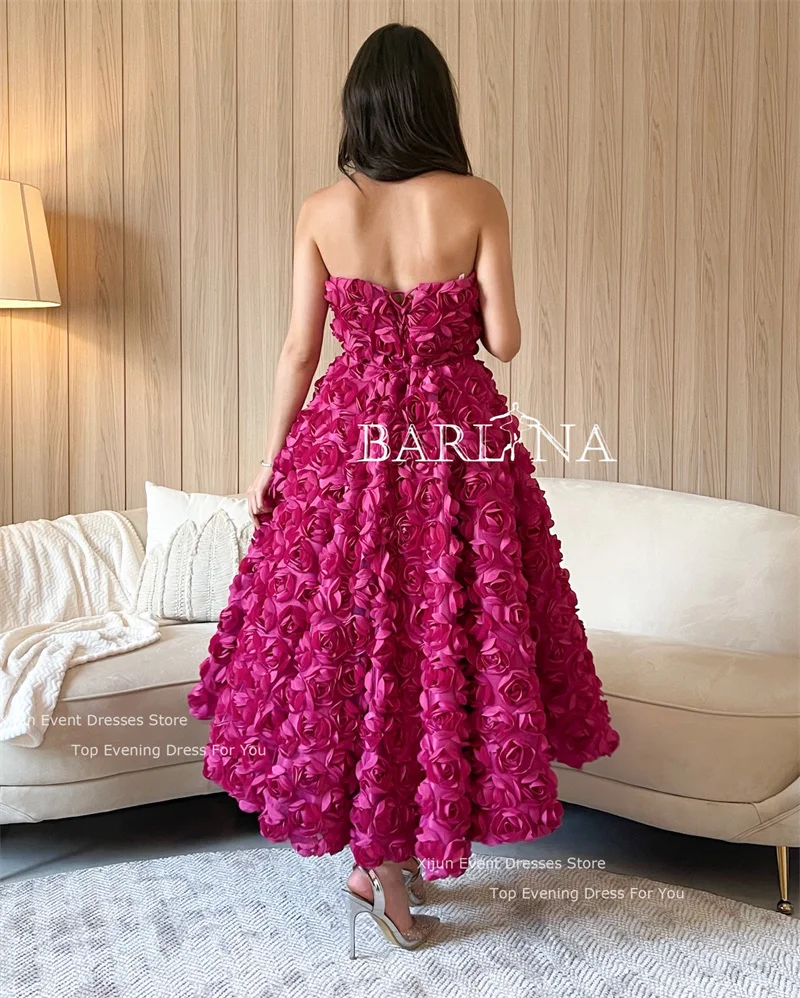 Xijun Fuschia 3D Flowers Short Evening Dresses Sleeveless Luxury Prom Dresses Dubai Saudi Arabric Party Gowns Formal Dresses