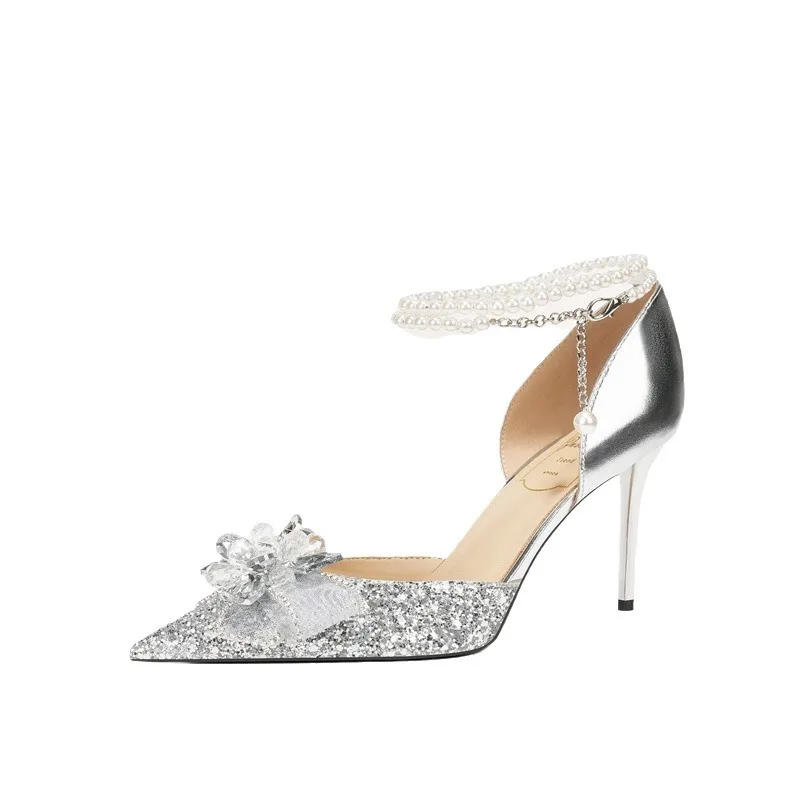 

B65 Сандалии со стразами, женская обувь с острым носком и блестками, свадебная обувь из основной пряжи, высокие каблуки на щиколотке с жемчужной цепочкой, Tacones Elegantes