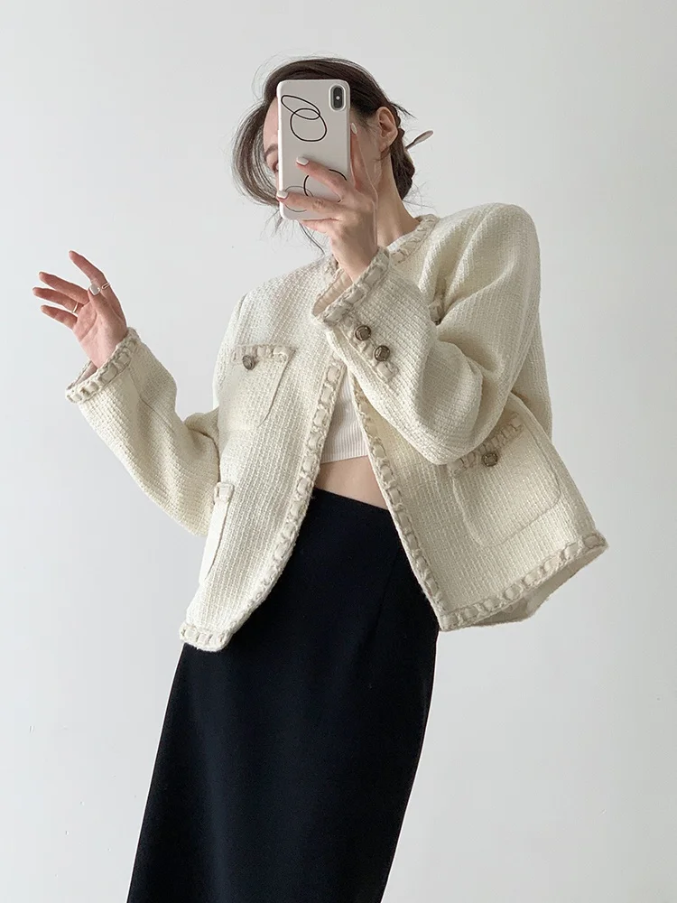 

Ladies ort Woolen Quilted Jaet Small Fraance Sle Casual Top Button round Ne Long Sve Polyester 60% Wool 40%