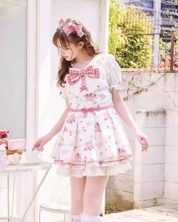 

Princess Style Fairy Skirt Dress with Large Bowknot Embroidery Print Series Set Berry Flower Pattern Short Sleeve Women's Dress