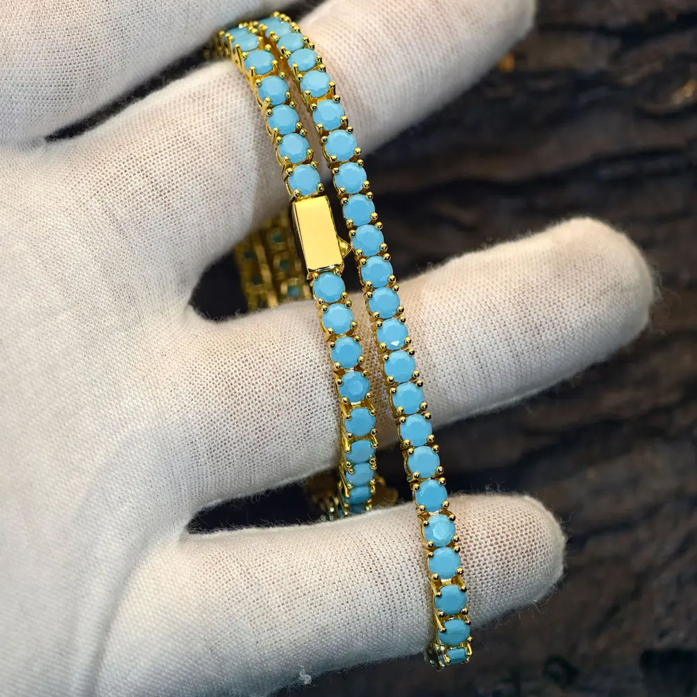 New 4MM Tennis Bracelet with Gold Plated Brass and High Grade Turquoise Suitable for Both Men and Women as a Holiday Gift