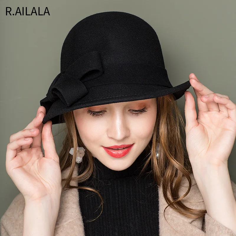 Ladies Party Banquet Formal Headwear Ladies Spring Autumn Fashion British Top Hat Rolled Asymmetric Bow 100% Wool Felt Fedoras