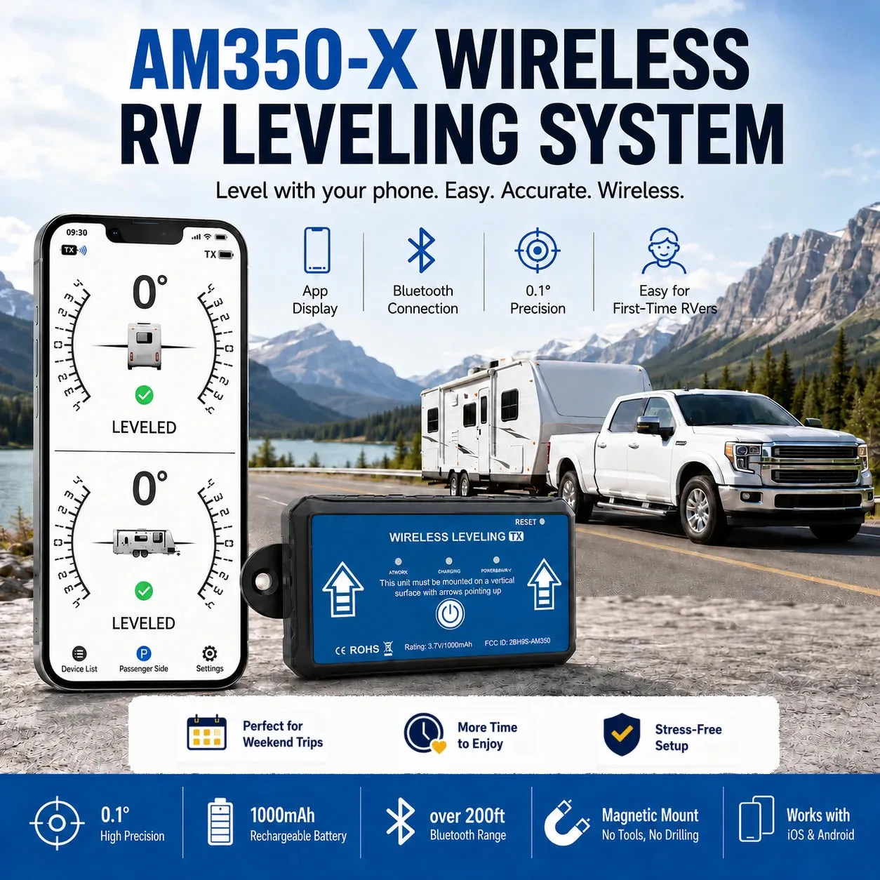 Wireless RV Leveling System AM350-X Bluetooth Caravan Levelling System App Real-Time Pitch Roll for Motorhome Camper Trailer