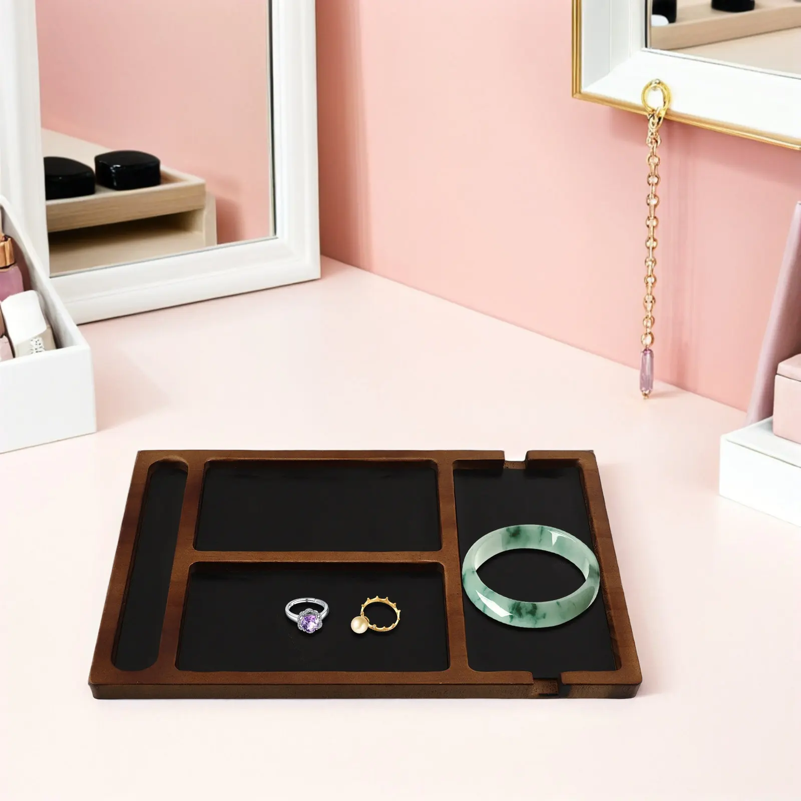 

Solid Wood Jewelry Tray Multi Compartment Desk Organizer Natural Wooden Catchall Tray for Nightstand Keys Watch Phone Sunglasses