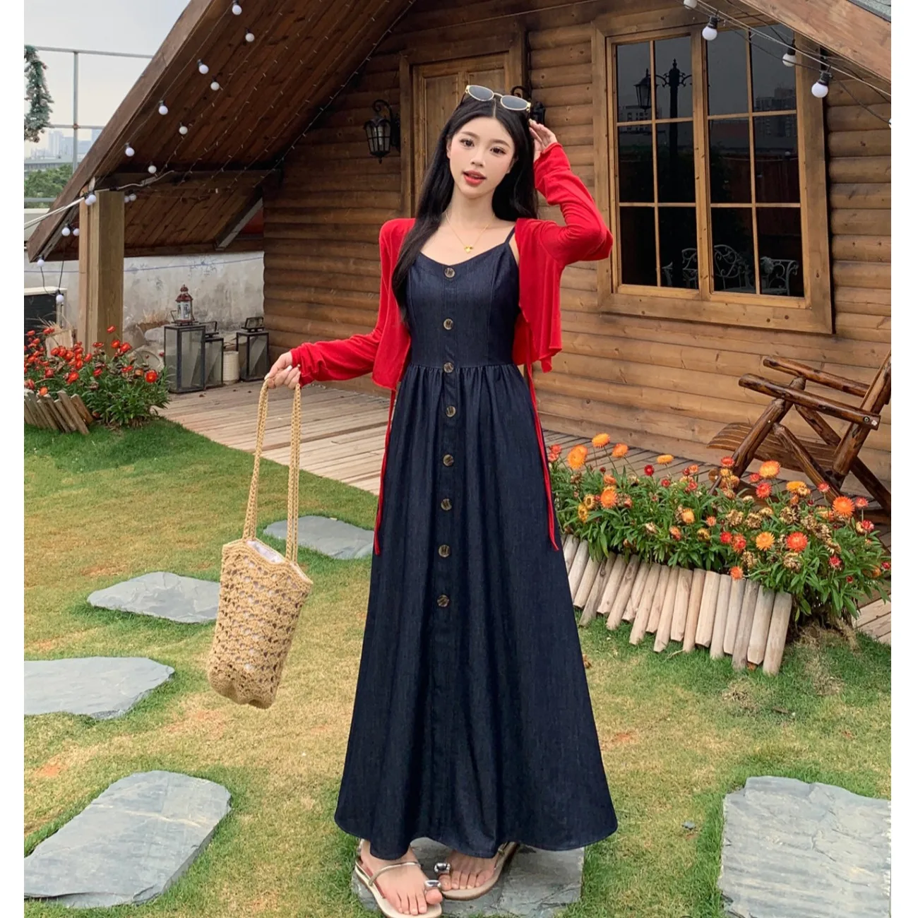 

Женский винтажный вязаный комплект больших размеров с открытыми плечами красного цвета, весна-лето, комплект из двух предметов, скрывающий мясо миди Dr