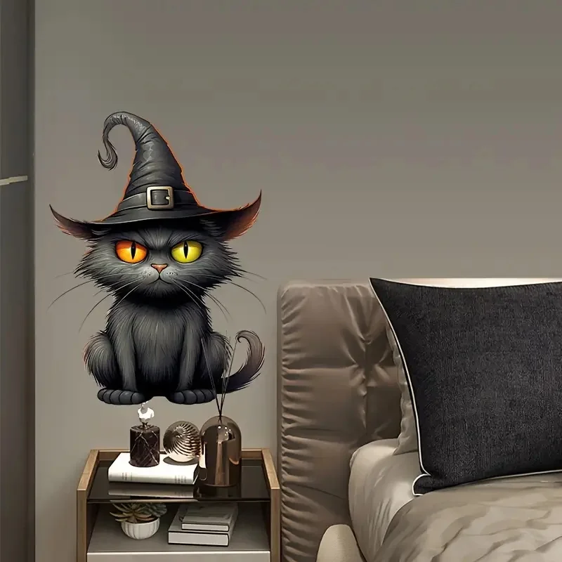 Cat in Witch Hat Stickers, Bright Wall for Home, Cabinet, Door,Refrigerator Decoration