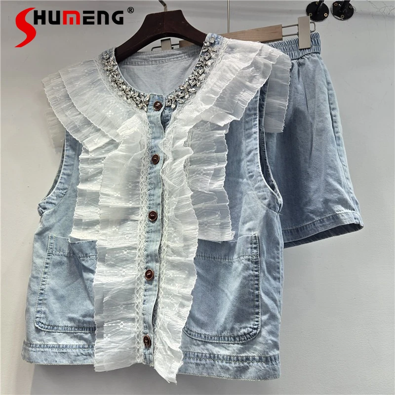 

Women's 2026 Spring Summer New Fashion Sweet Three-Dimensional Flower Design Denim Vest Tops Shorts Sets Stylish Two-Piece Sets