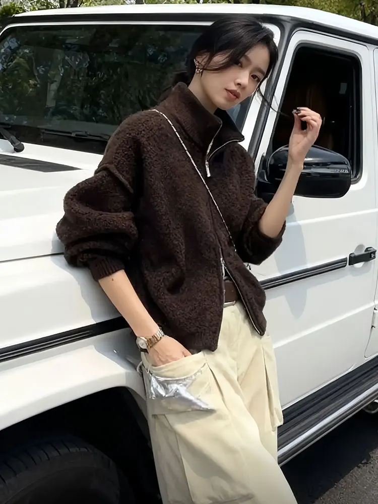 

Korean Retro Thiened Furry Sweater Jaet Women's Double Zipper Fur Open Cardigan Top for Autumn Winter New Sle