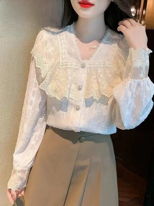 

Spring Autumn 2026 New Style Women's Long Sleeve Lace Blouse Chiffon Top High End Fashion Elegant V Neck Color Polyester