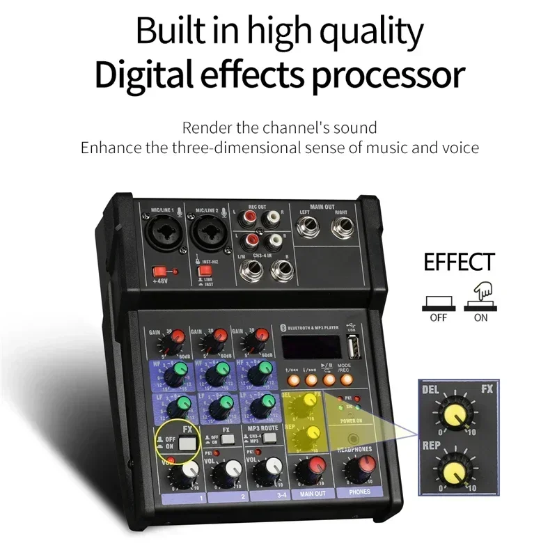 4 Channel USB Audio Mixer with Wireless Microphone Studio Sound Mixers with Bluetooth DJ Console Mixing for Karaoke Micro Phone - view 3