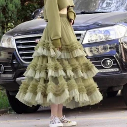 Spring Luxury Ruffled Cakee Layered Maxi Long Tutu Skirts Patchwork Gradient Mesh Puffy A-line Ankle Skirts