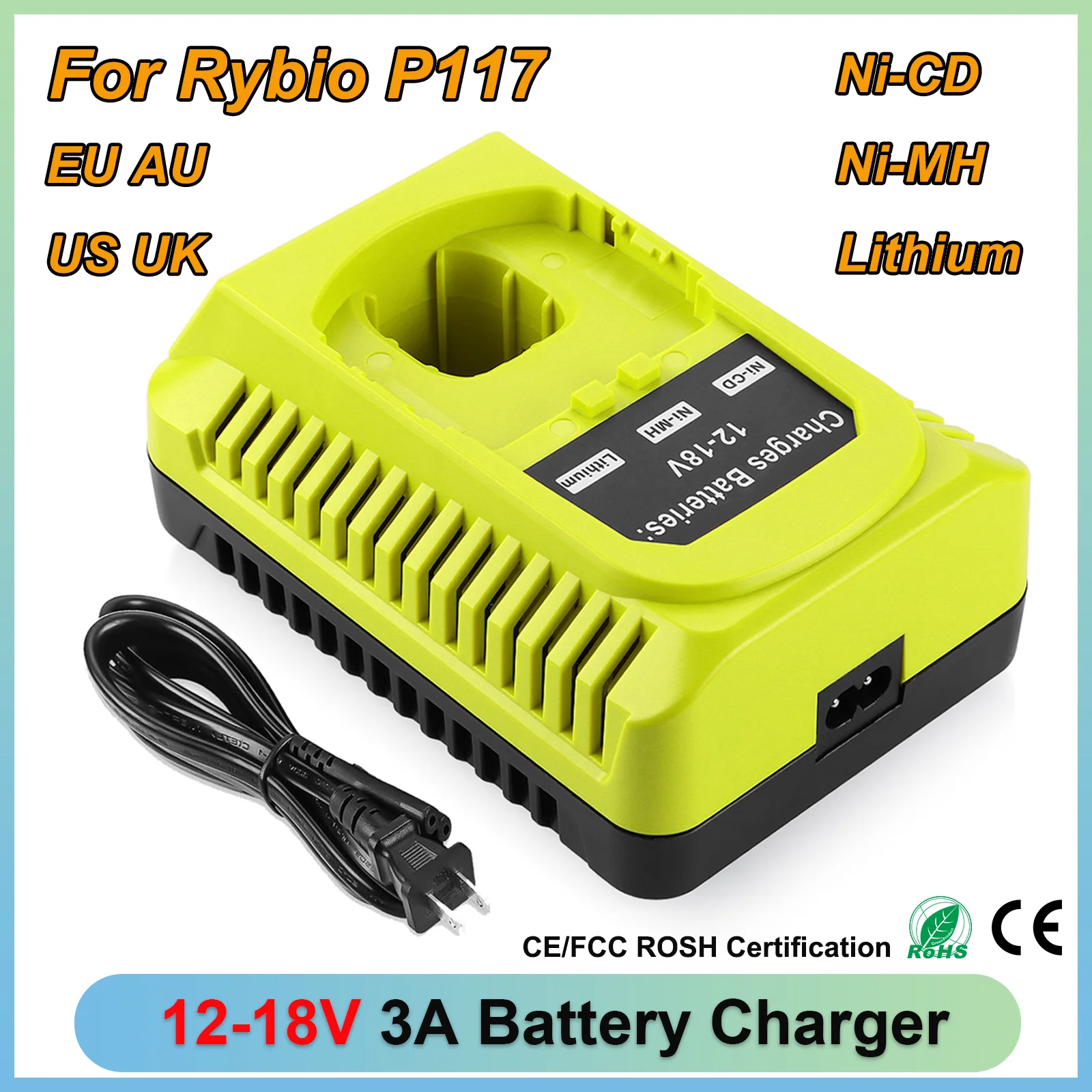 

Зарядное устройство P117 3A, совместимое с аккумуляторами Ryobi 12V-18V Ni-Cd Ni-Mh, с LED-индикатором, замена зарядного устройства.