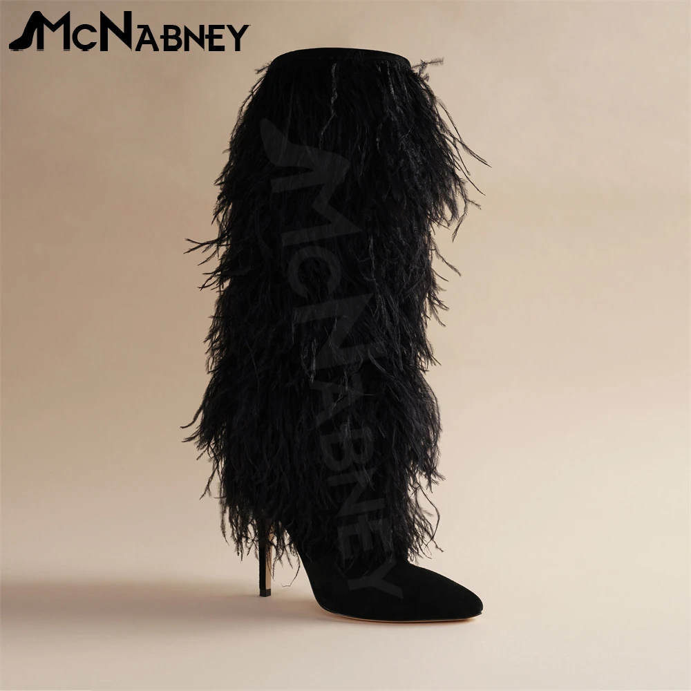 Ostrich Feather Knee-High Boots Luxury Designer Handmade Boots Fur Suede Warm Stiletto Boots Pointed Toe Fashion Modern Boots